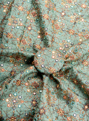 Pure Dola Silk Seafoam Green Color Resham And Sequins Work Embroidery Fabric.