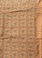 Pure Dola Silk Fawn Brown Color Resham And Sequins Work Embroidery Fabric.