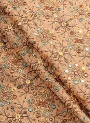 Pure Dola Silk Fawn Brown Color Resham And Sequins Work Embroidery Fabric.