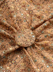 Pure Dola Silk Fawn Brown Color Resham And Sequins Work Embroidery Fabric.