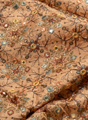 Pure Dola Silk Fawn Brown Color Resham And Sequins Work Embroidery Fabric.