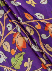 Pure Modal Satin Royal Purple Color Kalamkari Pattern Digital Print Fabric.
