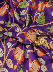 Pure Modal Satin Royal Purple Color Kalamkari Pattern Digital Print Fabric.