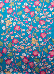 Pure Modal Satin Aqua Blue Color Kalamkari Pattern Digital Print Fabric.