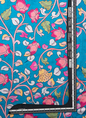 Pure Modal Satin Aqua Blue Color Kalamkari Pattern Digital Print Fabric.