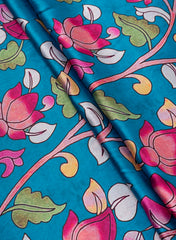 Pure Modal Satin Aqua Blue Color Kalamkari Pattern Digital Print Fabric.