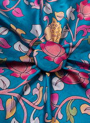 Pure Modal Satin Aqua Blue Color Kalamkari Pattern Digital Print Fabric.