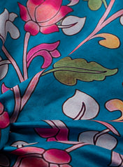 Pure Modal Satin Aqua Blue Color Kalamkari Pattern Digital Print Fabric.