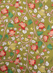 Pure Modal Satin Olive Green Color Kalamkari Pattern Digital Print Fabric.
