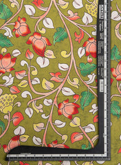 Pure Modal Satin Olive Green Color Kalamkari Pattern Digital Print Fabric.
