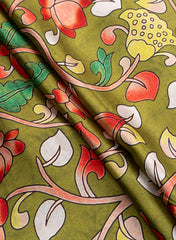Pure Modal Satin Olive Green Color Kalamkari Pattern Digital Print Fabric.