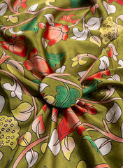 Pure Modal Satin Olive Green Color Kalamkari Pattern Digital Print Fabric.