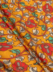 Pure Modal Satin Tangerine Color Kalamkari Pattern Digital Print Fabric.