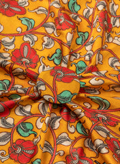 Pure Modal Satin Tangerine Color Kalamkari Pattern Digital Print Fabric.