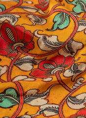 Pure Modal Satin Tangerine Color Kalamkari Pattern Digital Print Fabric.