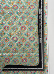 Linen Sage Green Color Floral Placement Print Sequins embroidery fabric.