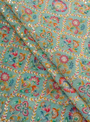 Linen Sage Green Color Floral Placement Print Sequins embroidery fabric.