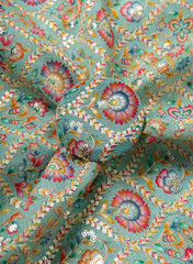 Linen Sage Green Color Floral Placement Print Sequins embroidery fabric.