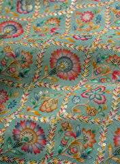 Linen Sage Green Color Floral Placement Print Sequins embroidery fabric.