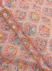 Linen Peach Color Floral Placement Print Sequins embroidery fabric.