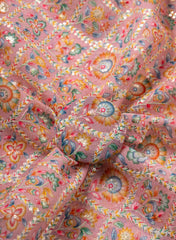Linen Peach Color Floral Placement Print Sequins embroidery fabric.