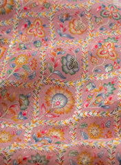 Linen Peach Color Floral Placement Print Sequins embroidery fabric.