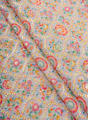 Linen Grey Color Floral Placement Print Sequins embroidery fabric.