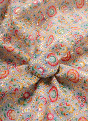 Linen Grey Color Floral Placement Print Sequins embroidery fabric.