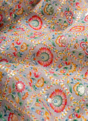 Linen Grey Color Floral Placement Print Sequins embroidery fabric.