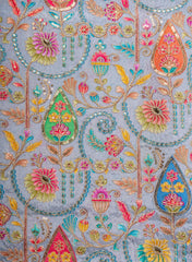 Pure Chinnon Chiffon Coin Grey Color Floral Placement Print With Sequins Embroidery Fabric.