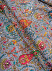 Pure Chinnon Chiffon Coin Grey Color Floral Placement Print With Sequins Embroidery Fabric.
