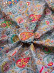 Pure Chinnon Chiffon Coin Grey Color Floral Placement Print With Sequins Embroidery Fabric.