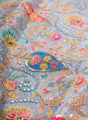 Pure Chinnon Chiffon Coin Grey Color Floral Placement Print With Sequins Embroidery Fabric.