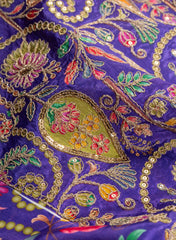 Pure Chinnon Chiffon Royal Purple Color Floral Placement Print With Sequins Embroidery Fabric.