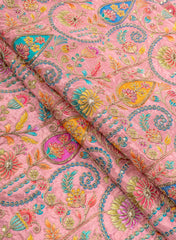 Pure Chinnon Chiffon Peach Color Floral Placement Print With Sequins Embroidery Fabric.