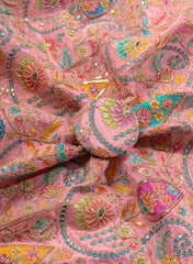 Pure Chinnon Chiffon Peach Color Floral Placement Print With Sequins Embroidery Fabric.