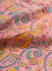 Pure Chinnon Chiffon Peach Color Floral Placement Print With Sequins Embroidery Fabric.