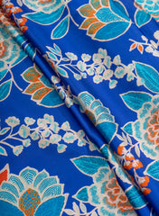 Pure Modal Satin Azure Blue Color Floral Digital Print Fabric.