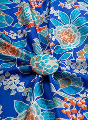 Pure Modal Satin Azure Blue Color Floral Digital Print Fabric.