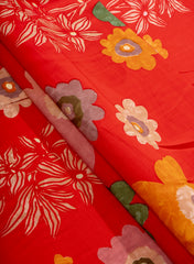 Modal Chanderi Red Color Floral Screen Print Fabric Foil.