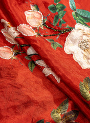 Pure Chinnon Chiffon Rust Red Color Floral Print With Pearl Work Fabric.