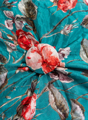 Pure Chinnon Chiffon Aqua Blue Color Floral Print With Pearl Work Fabric.