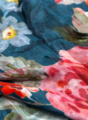 Pure Chinnon Chiffon Navy Blue Color Floral Print With Pearl Work Fabric.