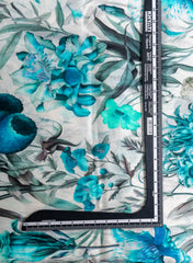 Pure Chinnon Chiffon Off-White Color With Blue Floral Hybrid Print Fabric.