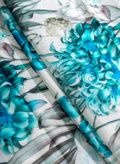 Pure Chinnon Chiffon Off-White Color With Blue Floral Hybrid Print Fabric.