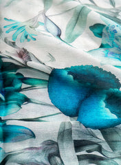 Pure Chinnon Chiffon Off-White Color With Blue Floral Hybrid Print Fabric.
