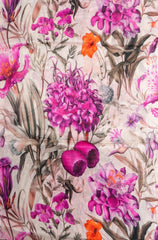 Pure Chinnon Chiffon Off-White Color With Purple  Floral Hybrid Print Fabric.