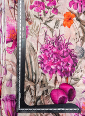 Pure Chinnon Chiffon Off-White Color With Purple  Floral Hybrid Print Fabric.