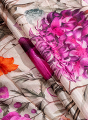 Pure Chinnon Chiffon Off-White Color With Purple  Floral Hybrid Print Fabric.