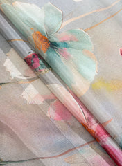 Pure Chinnon Chiffon Coin Grey Color Floral Hybrid Print Fabric.